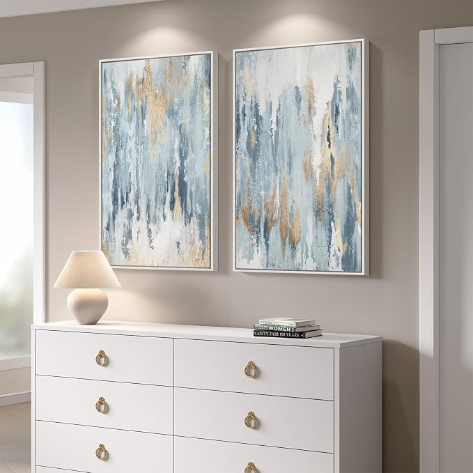 Large White Framed Blue and Gold Abstract Wall Art - Image 2