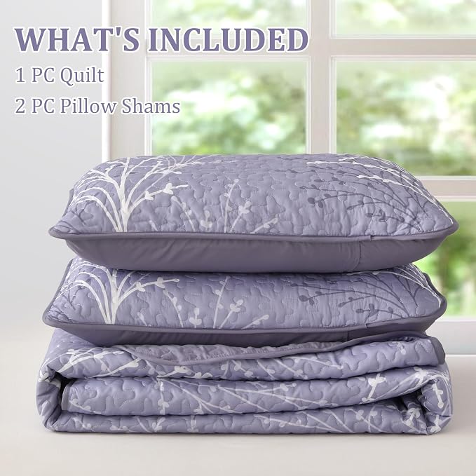 DJY Purple Quilt Set Queen Size Branch Botanical Bedspread Coverlet Set | 3 - Image 7
