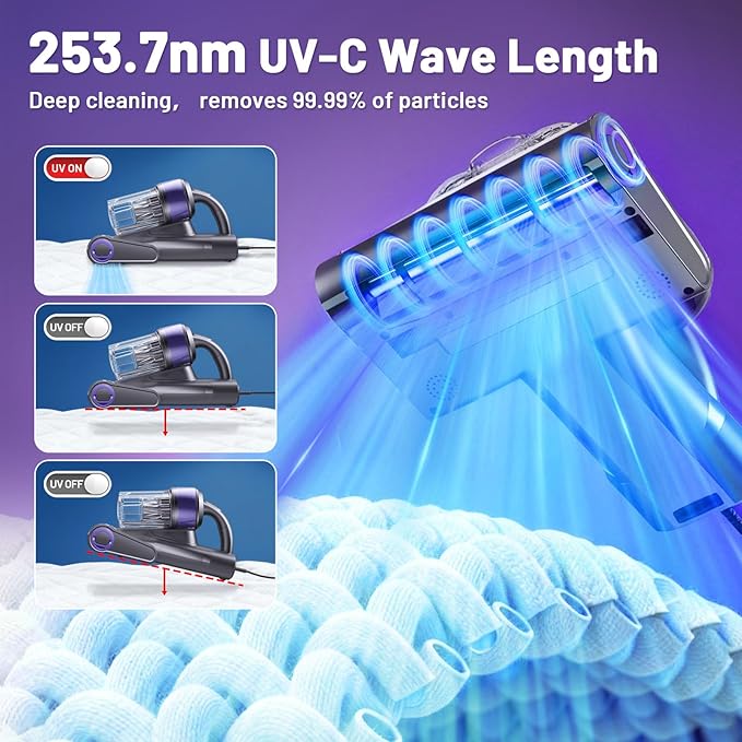 LED Display Mattress Vacuum Cleaner, 18Kpa Bed Vacuum Cleaner with 253.7nm UV-C Light, HEPA Filter & Ultrasoni, 149℉ Heat, Triple-Cup Versatile Handheld Vacuums for Bed Sofa Carpets Pet Hair Fine Dust