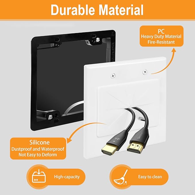 Kebulldola 2 Gang Wall Plate with Low Voltage Mounting Bracket, 2 Pair, Silicone Pass Through in Wall Hider, Cable Management Kit for HDMI Cables, Ethernet Cables, HDTV Home Theater System