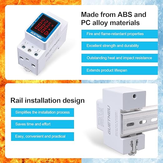 GUETNEU Digital Display Energy Meter Energy Tester Electricity Usage Monitor AC Rail-Mounted Meter GT2P-UID, AC 80~270V, 0~100A, 50/60Hz. Used to Measure AC Voltage, Current and Energy Consumption
