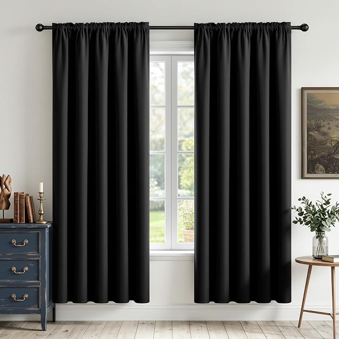 CUCRAF Black Blackout Curtains 63 inch Length 2 Panels Set, Rod Pocket Room by CUCRAF