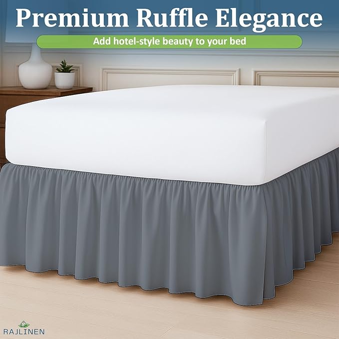 Rajlinen Ruffled Bed Skirt King, 16 Inch Drop Dust Ruffle with Split Corners, 100% Microfiber Bedskirt with Platform, Three-Sided Coverage Ruffled Gathering Design, Dark Grey