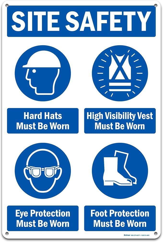 Brimar - 12" x 18" - Site Safety Mandatory PPE Sign - .063″ White Rust-Free Aluminum - Comprehensive Message - Easy Installation