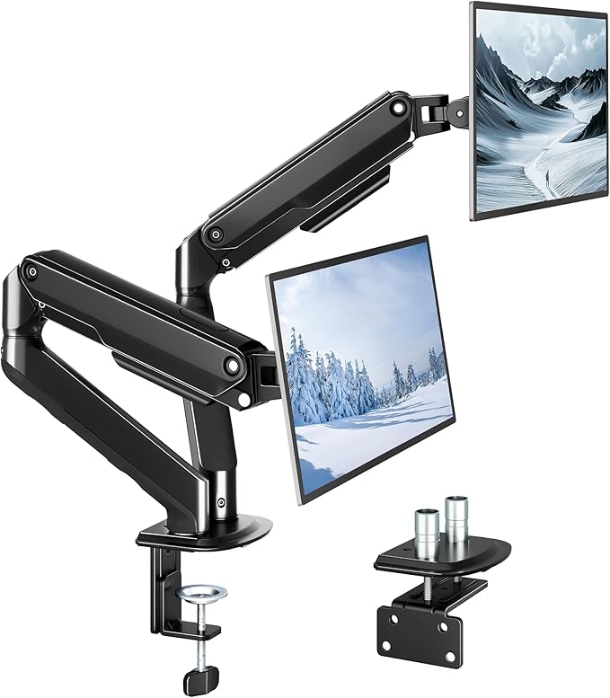 monTEK Dual Monitor Stand for Desk, 17-32 Inch Mechanical Spring Dual Arm, Heavy Duty Steel Adjustable Monitor Mount, Full Motion VESA 75x75/100x100, C-Clamp & Grommet, Holds Up to 20 lbs Each