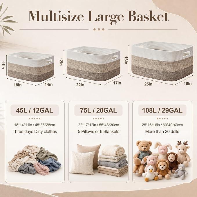 OIAHOMY Blanket Basket Laundry Basket Dog Toy Basket 75L Gradient Grey | Large - Image 2