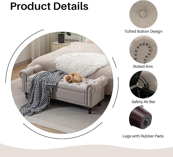 SOFTHION 58.1" Storage Bench for Bedroom, Linen Upholstered, Light Brown | End - Image 4