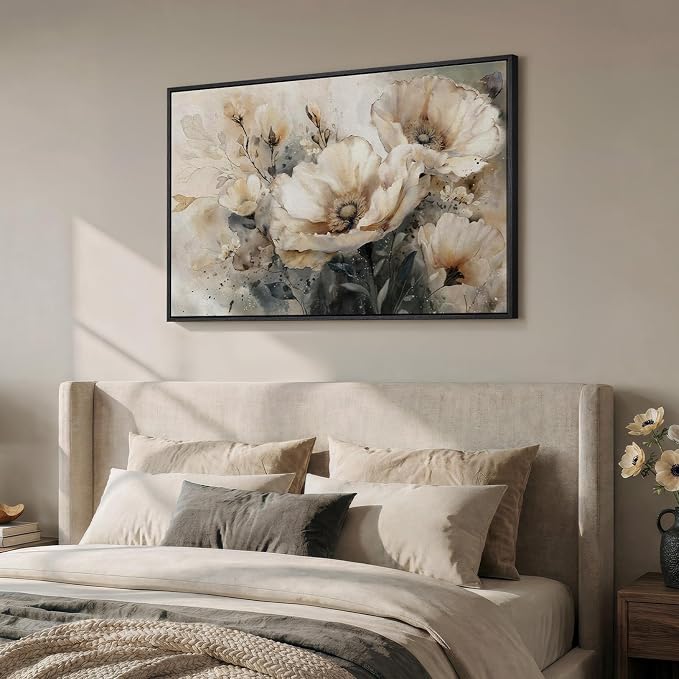 Framed Neutral Floral Wall Art, Botanical Flower Canvas Painting Prints - Image 4