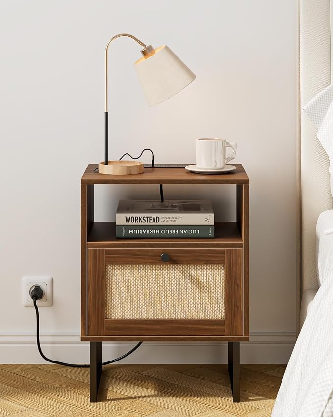 Masupu Rattan Nightstand with Charging Station, Modern Boho Farmhouse Wood - Image 7
