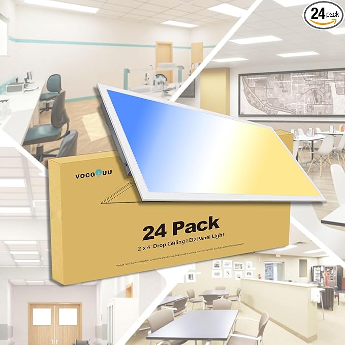 VocgoUU 24-Pack 2x4 LED Flat Panel Light Drop Ceiling Fixture, 3CCT Selectable (3000K/4000K/5000K) & 50W 40W 30W Switchable, 0-10V Dimmable, 100-277Vac, ETL & DLC