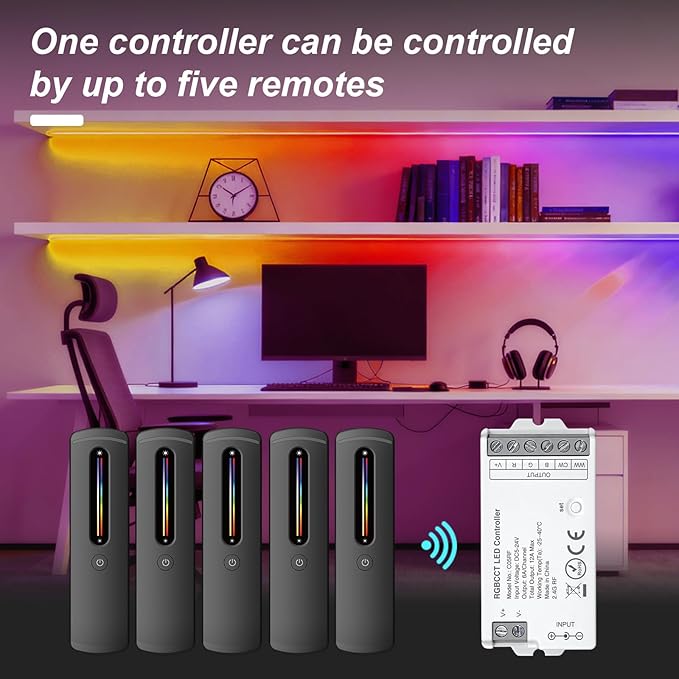 2.4GHz RF RGBCCT LED Strip Controller Remote Kit, Wireless Remote & Tuya Controller Dimmer with Group Control Adjust Brightness/Color Touch Slide for PWM 6Pin COB LED Strip Light DC5V DC12V DC24V