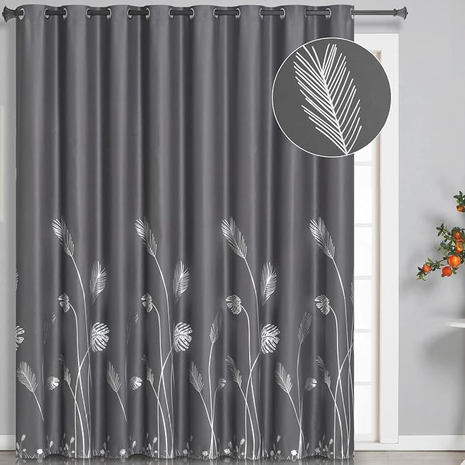Curtain for Sliding Glass Door 100W x 96L Inch Silver Palm Tree Printed Curtain by ESTELARTEXTILER