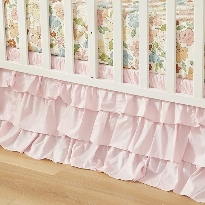 Brandream Crib Bed Skirt for Baby Girls Boys Blush Pink Boho Bohemian Solid Cotton Toddler Bedskirt Farmhouse Chic Ruffle