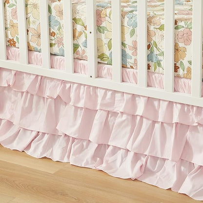 Brandream Crib Bed Skirt for Baby Girls Boys Blush Pink Boho Bohemian Solid Cotton Toddler Bedskirt Farmhouse Chic Ruffle