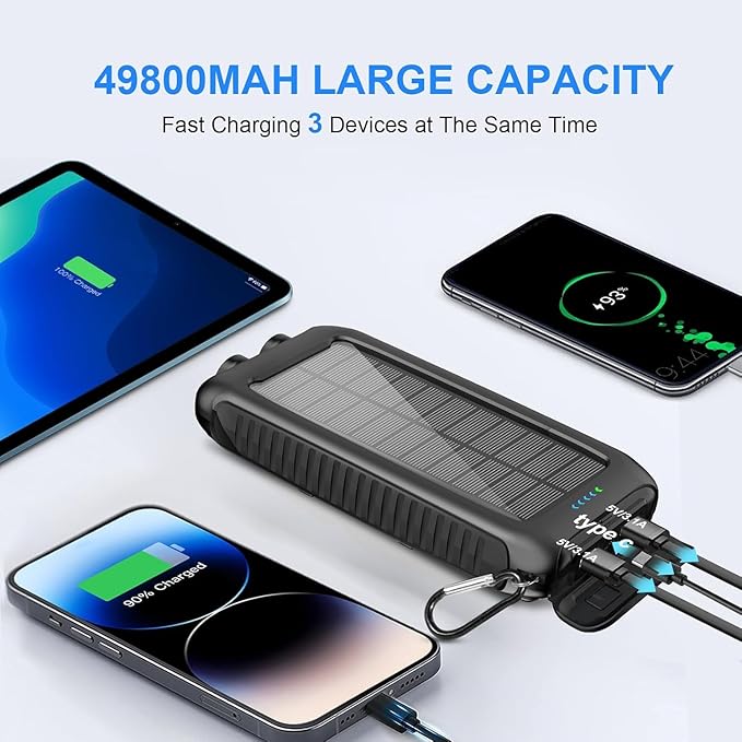 Kepswin Solar-Charger-Power-Bank-49800mAh Portable Solar Phone Charger with LED Flashlight/15W Fast Charge USB C Waterproof External Backup Battery Pack for All Cell Phones & Electronic Devices