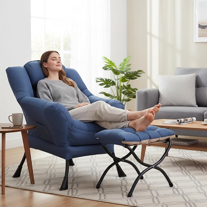 Welnow Lazy Chair with Ottoman, Reading Chair with Footrest, Royal Blue | A - Image 2
