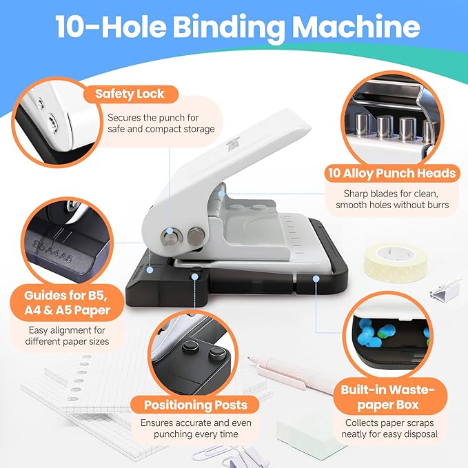 10-Hole Binding Machine for Planners,Metal Punch Loose Leaf Tool 26 Holes for B5, 30 for A4, 20 for A5 Paper,Handheld Manual Book Binder,Notebook Puncher for Home, Office, School, DIY Projects