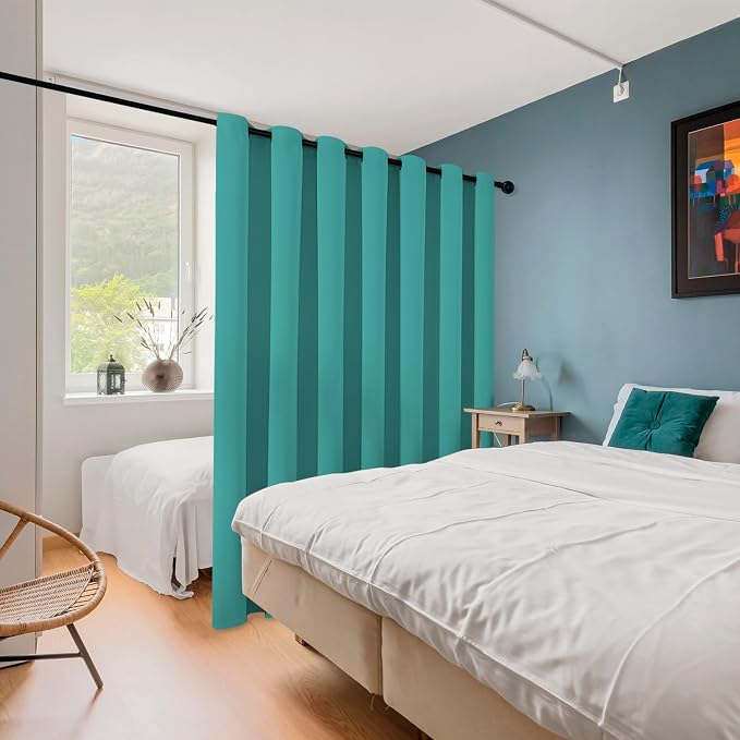 ChrisDowa Room Divider Curtain 90 Inch Length Sliding Door Curtains, Teal | - Image 2