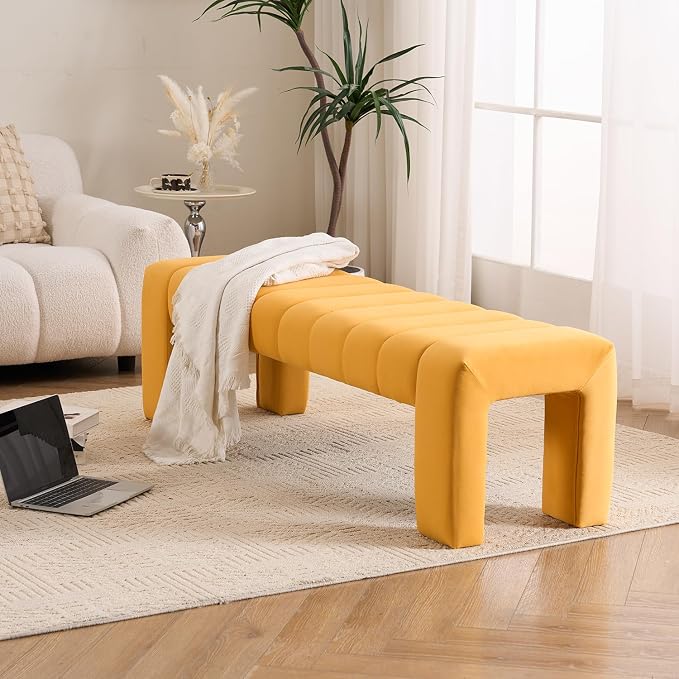 59" Velvet Bench for Bedroom King Size Bed Window End of Bed, Mustard Yellow | - Image 5