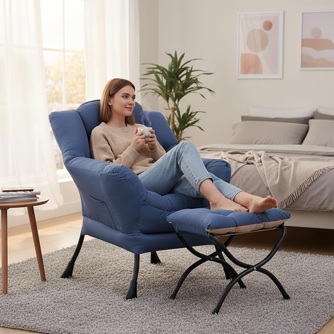 Welnow Lazy Chair with Ottoman, Reading Chair with Footrest, Royal Blue | A - Image 9