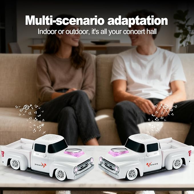 Vintage Pickup Truck Bluetooth Speaker, Retro Truck Model with HD Sound, Built-in Mic, LED Party Lights, TWS Dual Pairing, Multi-Interface Output, Portable Outdoor Speaker for Parties & Beach (WHITE)