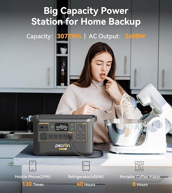 Pecron Portable Power Station F3000LFP with 200W Solar Panel*1, 3072Wh Solar Camping Generator can expand to 9216Wh, 3600W Solar Generator for RV, Home Use, CPAP