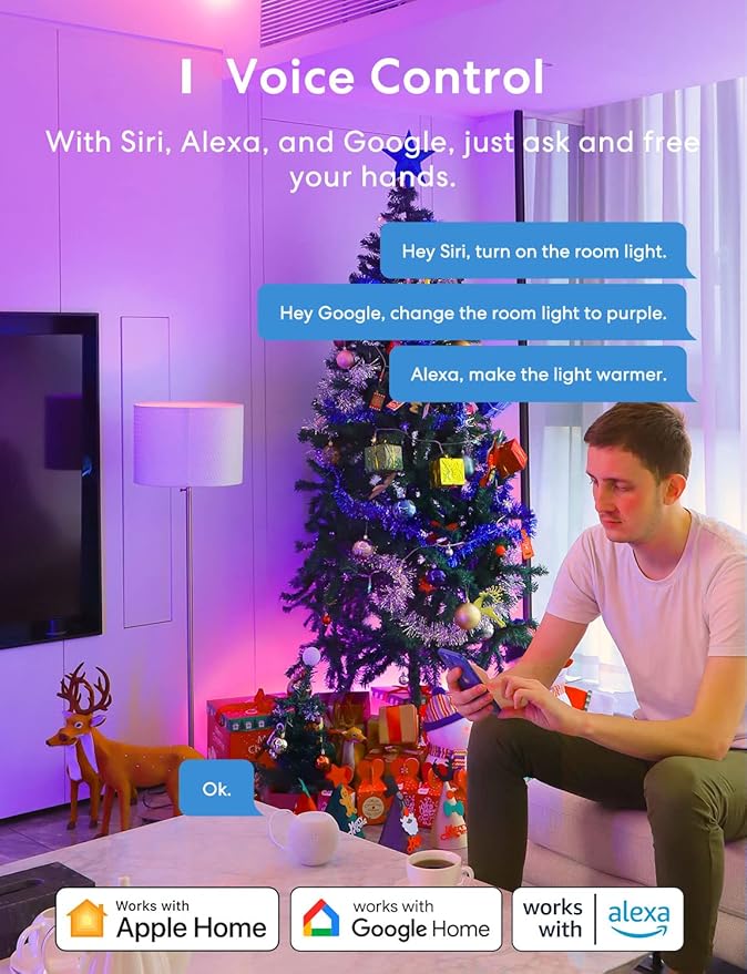 meross Smart LED Light Bulb, Smart WiFi LED Bulbs Compatible with Apple HomeKit, Siri, Alexa, Google Home & SmartThings, Dimmable E26 Multicolor 2700K-6500K RGBWW, 810 Lumens 60W Equivalent, 2 Pack