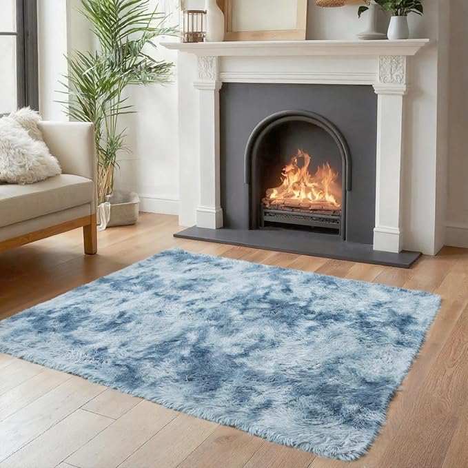 Small Shag Area Rug for Bedroom, 2x3 Dark Blue Tie-Dyed Soft Plush Carpet | - Image 2