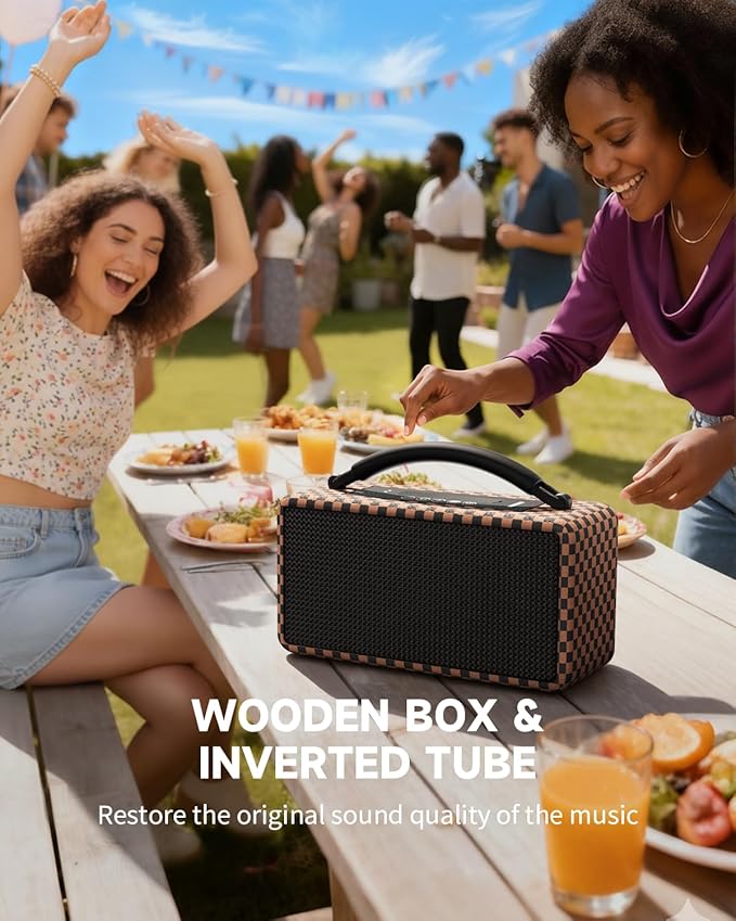 DINDIN Portable Bluetooth Speaker： 80W (Peak), 20H Playtime, Wireless Big Wood Boombox with Deep Bass, Subwoofer, TWS, Large, Loud Speaker for Party, Outdoor, Backyard, Beach, Home,Gift（Black+Brown）