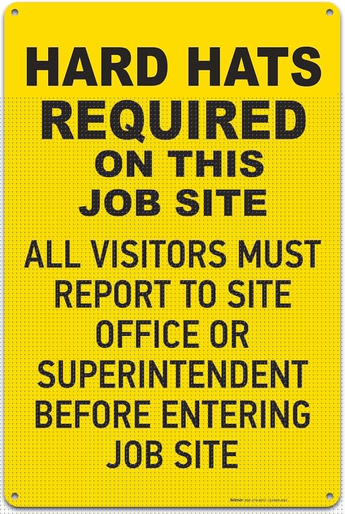 Brimar - 12" x 18" - Hard Hats Required on Job Site Sign - .063″ White Rust-Free Aluminum - High Visibility - Easy Installation
