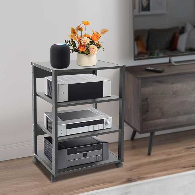 5-Tier AV Media Stand with Universal Wheels, Center Stereo Components Storage Stand, DVD/CD Holder with Adjustable Hole Spacing Movable Audio Media Stand for Living Room, Game Room (4 Tiers)