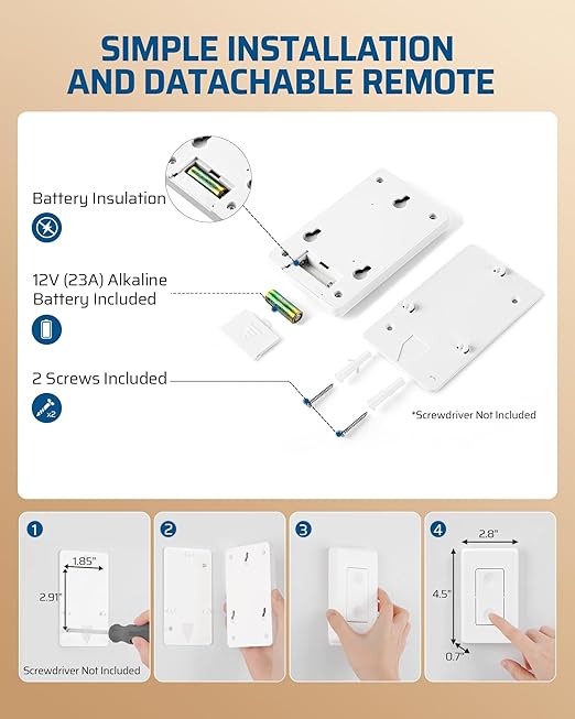 DEWENWILS Remote Control Outlet Wireless Wall Mounted Light Switch, Electrical Plug in On Off Power Switch for Lamps, Fans, Household Appliance, No Wiring, 100 Feet RF Range, Programmable