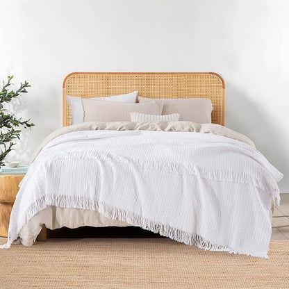 100% Cotton Waffle Queen Blanket with Fringe 90"x90", Pre-Washed Waffle Weave Blanket for All Season, Lightweight Breathable Soft Cozy Throw Blanket for Couch, Bed, Travel (White)