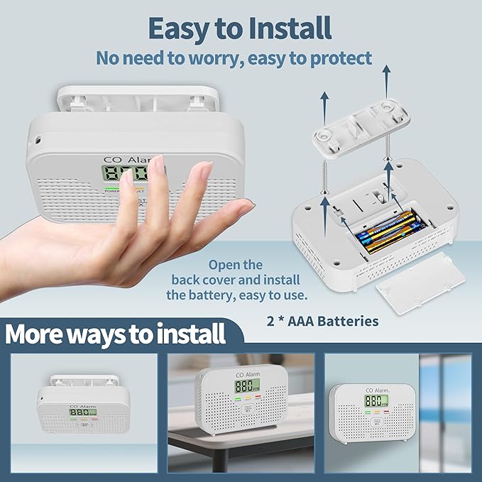 Carbon Monoxide Detector Powered by AA Battery (not Included),CO Monitoring Alarm with LCD Display Screen, Used for Home Basement Kitchen, Hotel Garage, Bedroom, Living Room Voice Alarm 4 Pack
