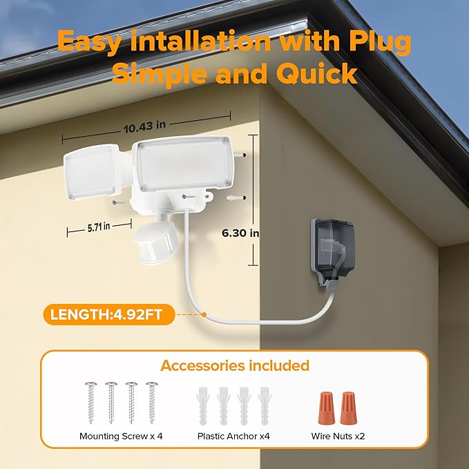 LUTEC 21W Plug in Motion Sensor Light Outdoor, Flood Lights Outdoor Motion Sensor,2500LM, 5000K Daylight,IP65 Waterproof,Adjustable 2 Heads Wall Light for Garage, Porch, Yard - White