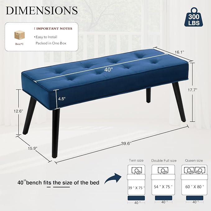 LOULENS Entryway Bench, Dark Blue | Wood Legs, Button Tufted, Upholstered Bench - Image 3
