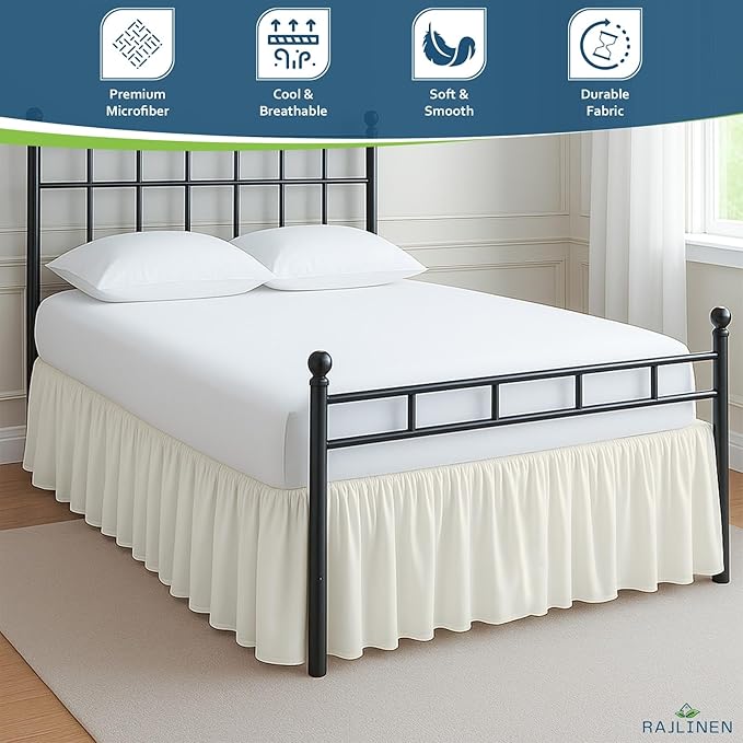 Rajlinen Ruffled Bed Skirt Full XL, 16 Inch Drop Dust Ruffle with Split Corners, 100% Microfiber Bedskirt with Platform, Three-Sided Coverage Ruffled Gathering Design, Ivory