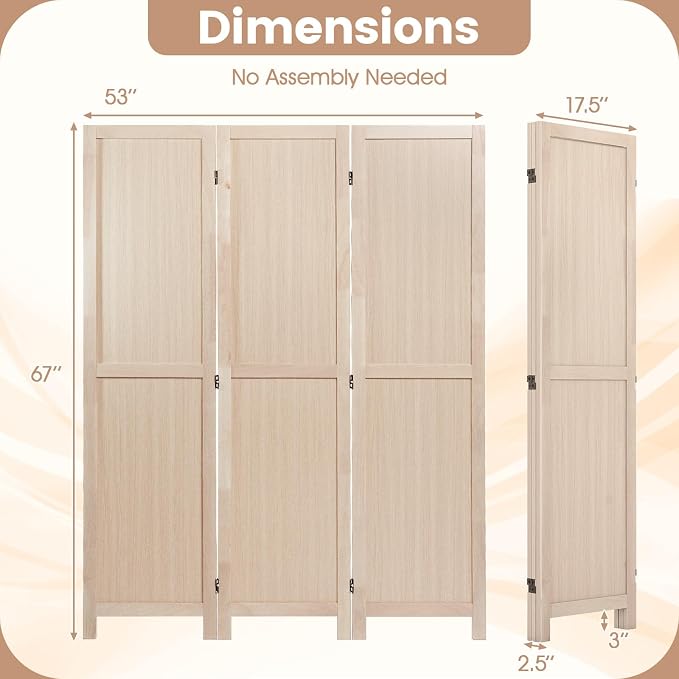 GIANTEX 3 Panel Folding Wooden Room Divider 67" Tall, No Assembly | - Image 7