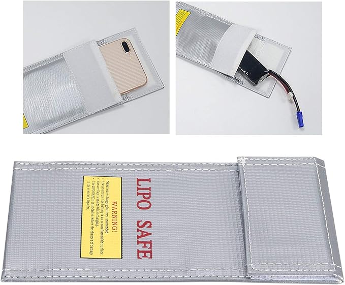 Fdit Lithium-Ion Battery Safe Bag, Fireproof Explosion-Proof Storage Bag 10x20cm with Hook and Loop Fastener for Battery Protection and Transport