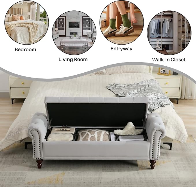 SOFTHION 58.1" Storage Bench for Bedroom, Velvet Upholstered, Light Grey | End - Image 6