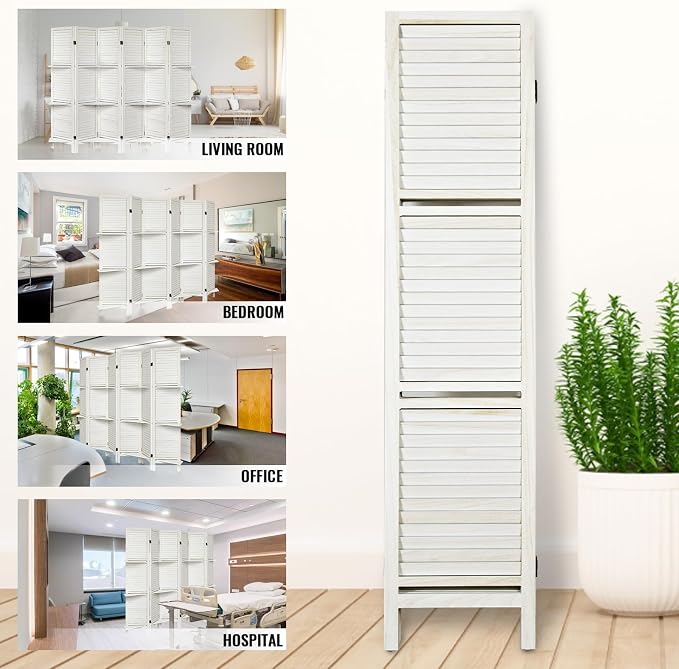 Room Divider with Shelves, 6 Panel White Privacy Screen | Partition Room - Image 6