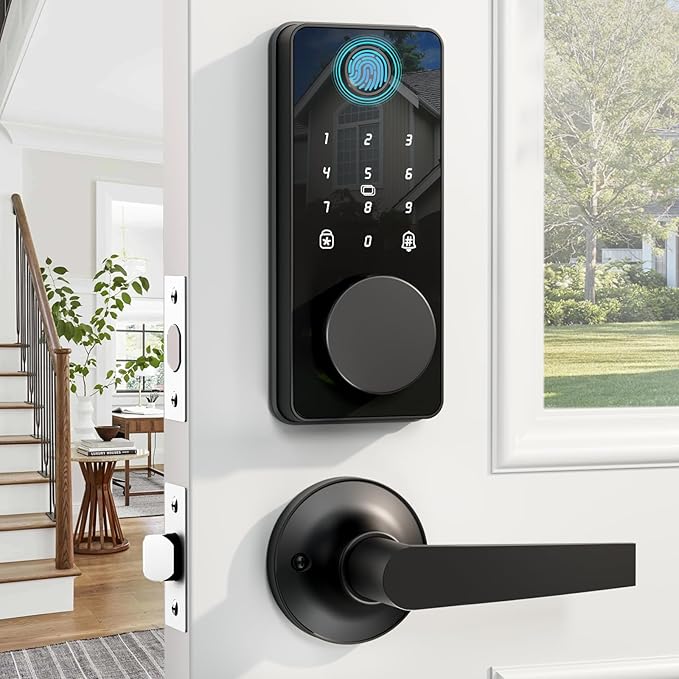 Biquole Smart Lock with Handles, Fingerprint Door Lock App Control, Keyless Entry Door Lock Set, Electronic Keypad Deadbolt, Auto & One Touch Lock, Easy Installation, IP54, Digital Smart Code