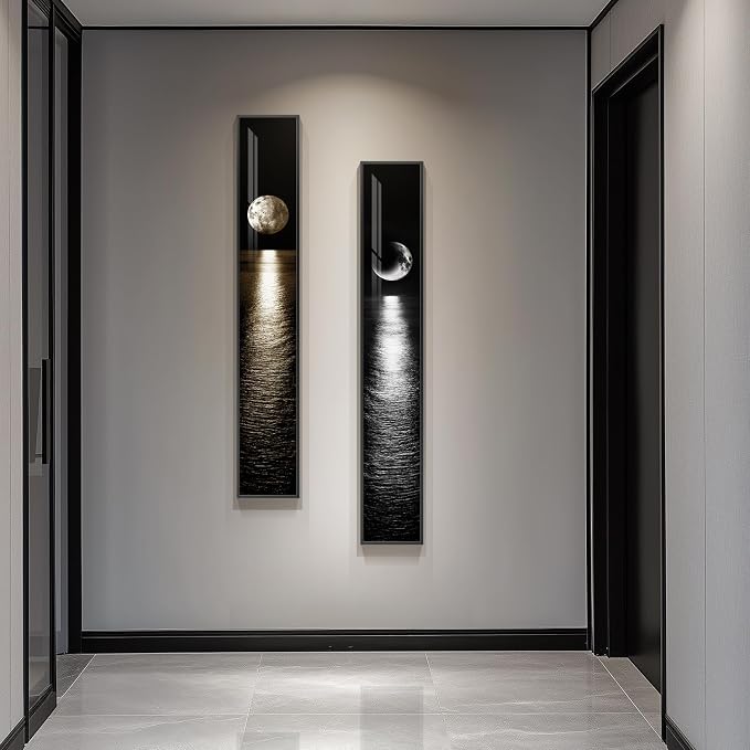Framed Vertical Moon Wall Art Set of 2, Modern Black White Gold Landscape by Cuspin