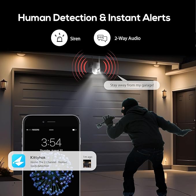 Kittyhok Solar Security Cameras Wireless Outdoor, 360° Pan & Tilt Home Security Camera, No Subscription, 2K Clarity, Color Night Vision, WiFi6 NVR with 64GB microSD Card, Local Storage, 5G & 2.4G WiFi