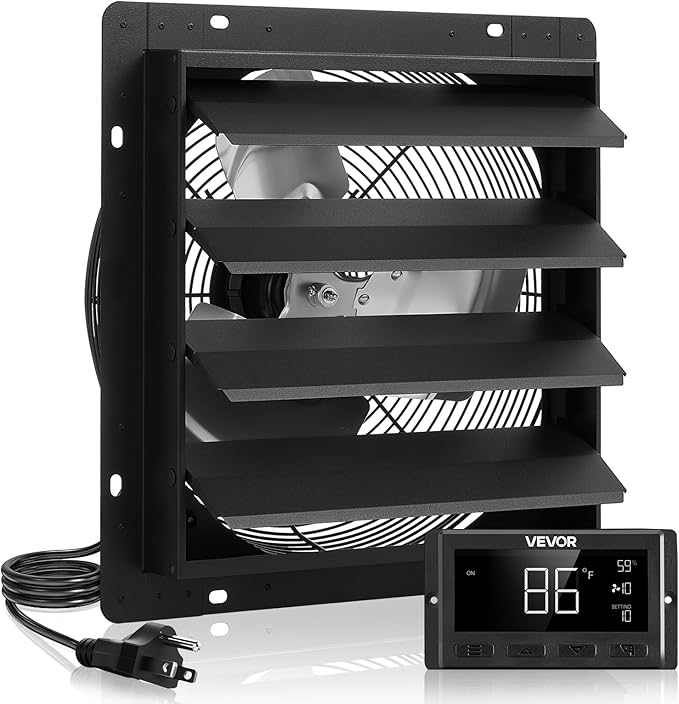 VEVOR 14 inch Shutter Exhaust Fan, Wall Mounted Attic Vent Fan with Smart Programming Variable Speed Temperature Control, 2000 CFM,EC Motor,Timer, for Shed,Garage,Greenhouse Ventilation Cooling,Black
