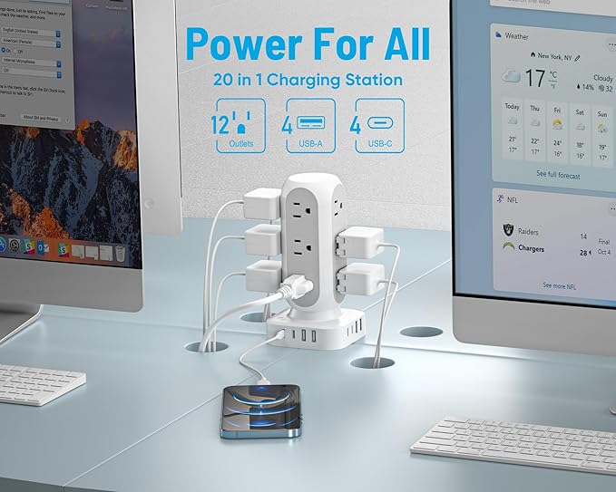 Flat Plug Power Strip Tower 15FT, 40W Total Fast Charging Station, Dual PD 20W USB-C Surge Protector with 12 AC Outlets and 8 USB Ports (4 USB C), Long Extension Cord for Home Office Dorm Room