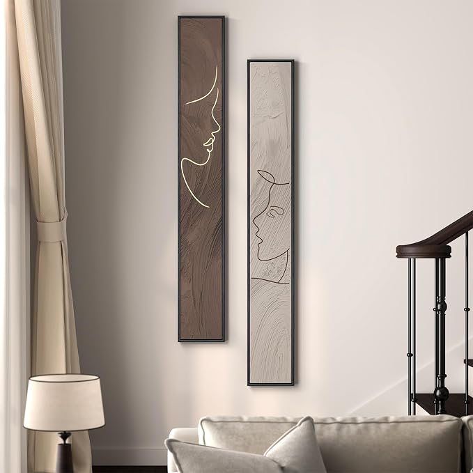 Large Framed Neutral Abstract Vertical Wall Art Set of 2, Modern Brown and - Image 2