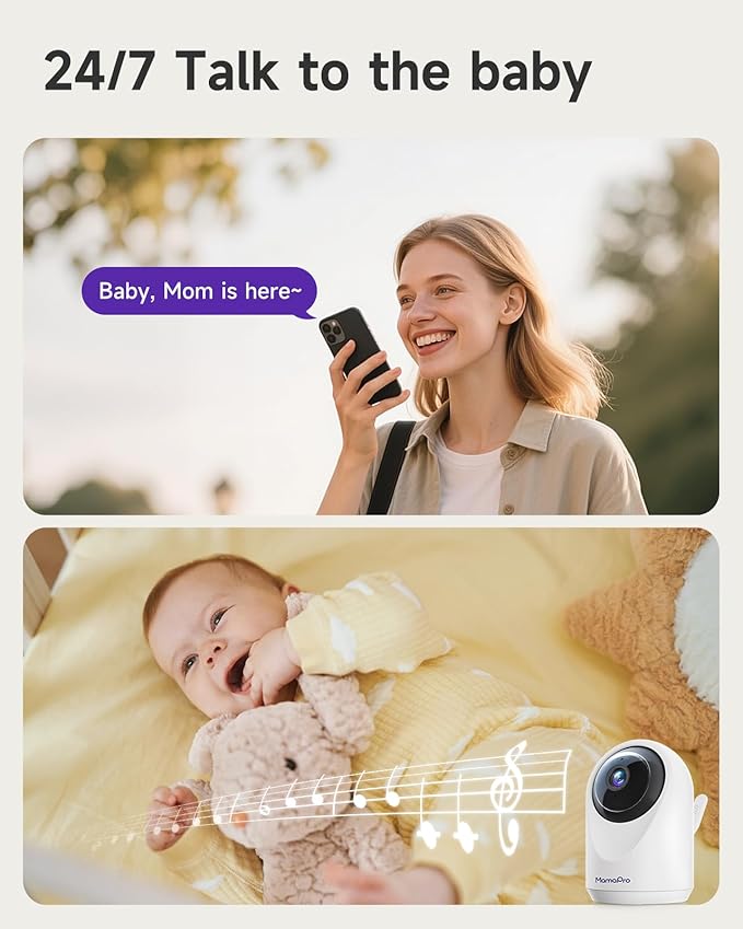 MAMAPRO Baby Monitor with Camera and Audio - 2K Color Night Vision, WiFi Video Baby Monitor - 355° Pan/70°Tilt, AI Motion/Cry/Temp/Humidity Alerts, 2-Way Audio, App for 20 Users, 8 Lullabies