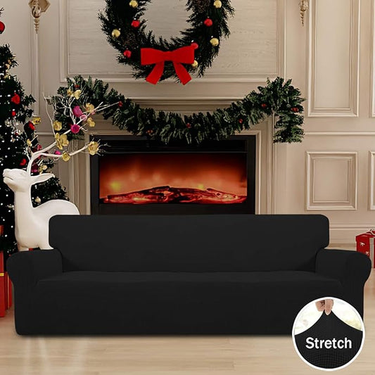 Easy-Going Stretch 4 Seater Sofa Slipcover 1-Piece Sofa Cover Furniture Protector Couch Soft with Elastic Bottom for Kids, Polyester Spandex Jacquard Fabric Small Checks Black