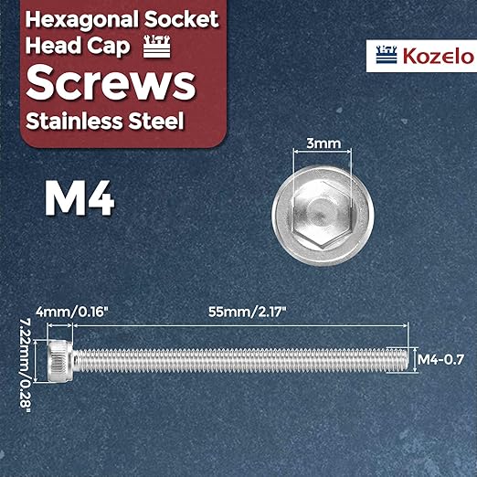 Kozelo 25pcs Socket Head Cap Screws - [M4-0.7 x 55mm] 304 Stainless Steel Allen Socket Drive for Electrical Motor 3D Printing Fan Engine Replacement Use, Silver